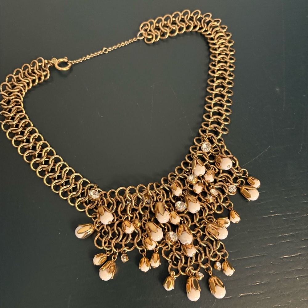 Ann Taylor White Glass Bead Clear Crystal Rhinestone Bib Necklace Gold Wedding